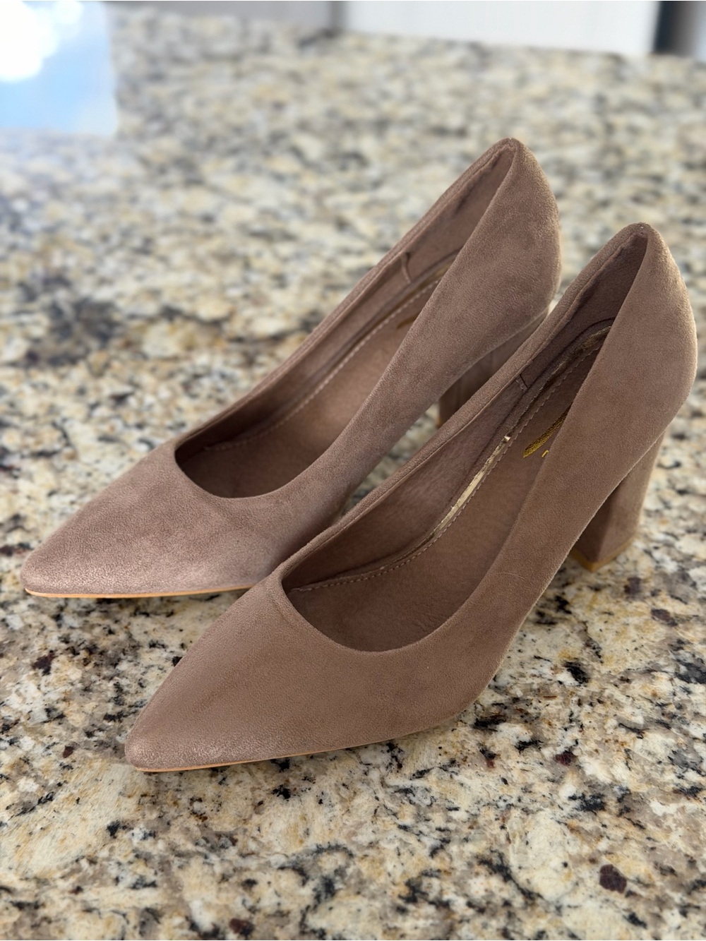 Glaze Pointed Block Heel Pumps in Taupe Brown